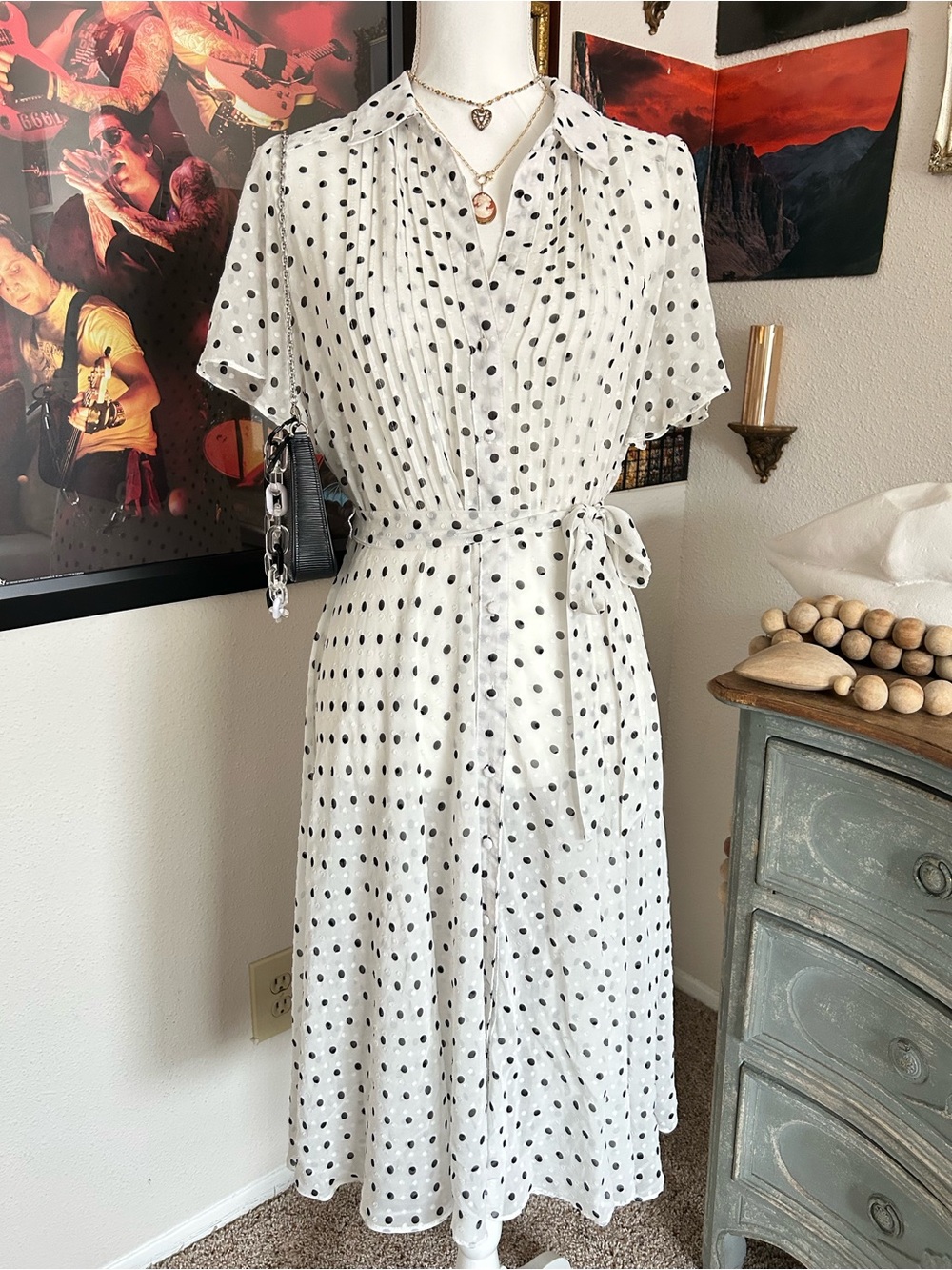 Nanette Lepore Dress Size 8 White Polka Dot Midi Wedding Guest Classic Twee Chic